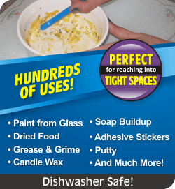 Hundreds of uses! Perfect for reaching into tight spaces. Paint from glass, dried food, grease & grime, candle wax, soap buildup, adhesive stickers, putty, and much more! Dishwasher safe!